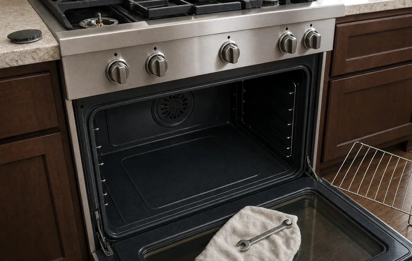A stainless gas range in dark wood cabinetry with the oven door open on an empty cavity, a towel and wrench on the door and a rack on the floor