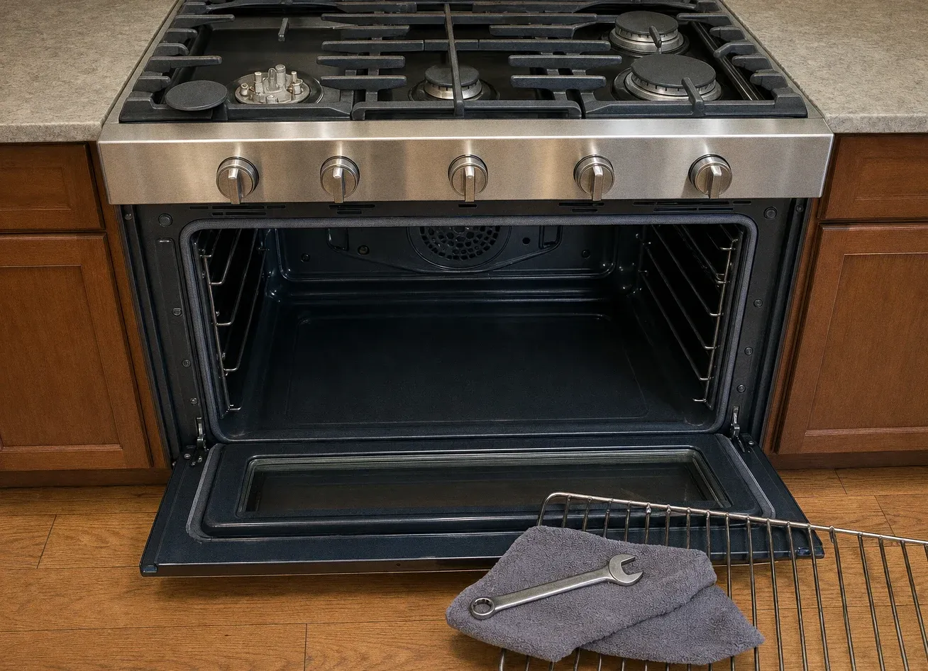 A gas range with the oven door lowered flat, the round convection fan cover visible at the back of the empty cavity