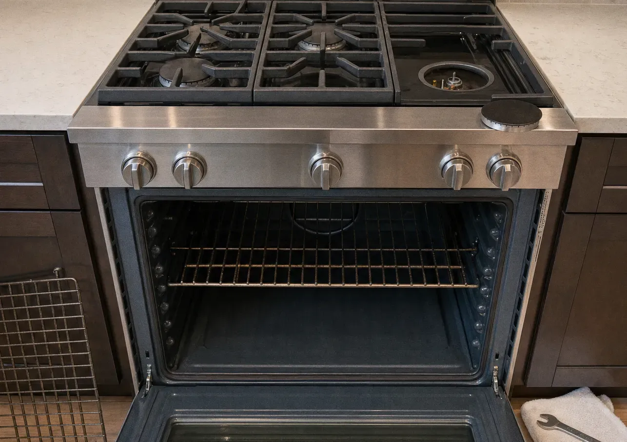 A gas range in dark grey cabinetry with one burner cap resting on the counter and the oven door lowered on its racks