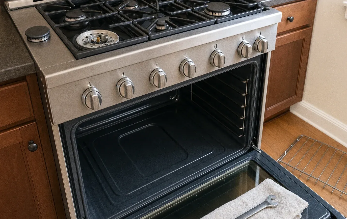 A gas range with the oven door lowered on an empty cavity, a towel and wrench laid across the open door and a rack leaning beside it