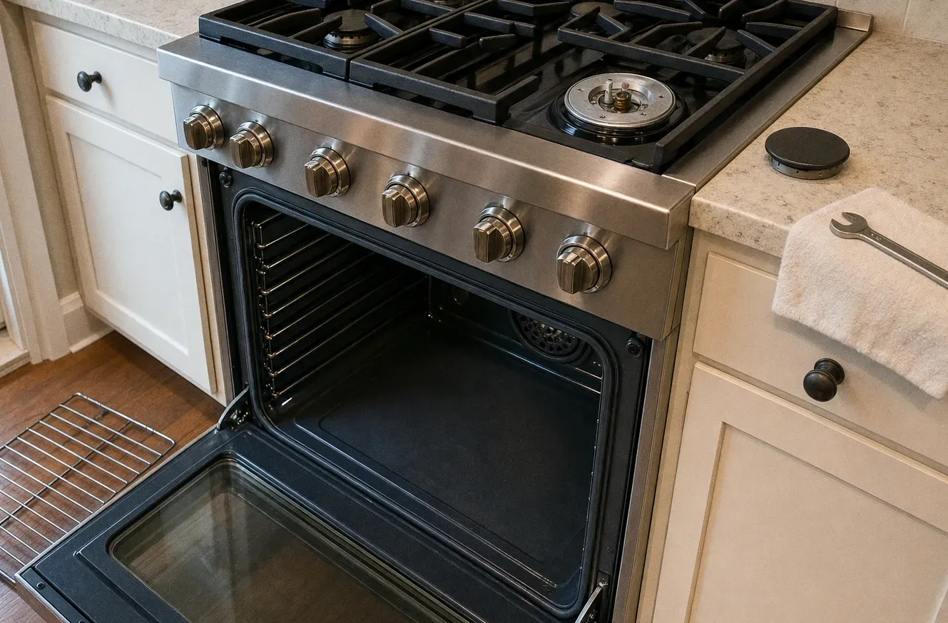 A stainless gas range in cream cabinetry with the oven open, one burner base exposed and a towel holding a wrench on the counter