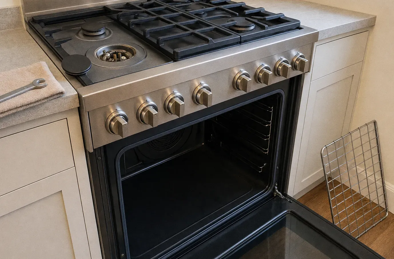 A stainless gas range in white shaker cabinetry with one cooktop burner taken apart, the oven door open and a wire rack leaning against the unit