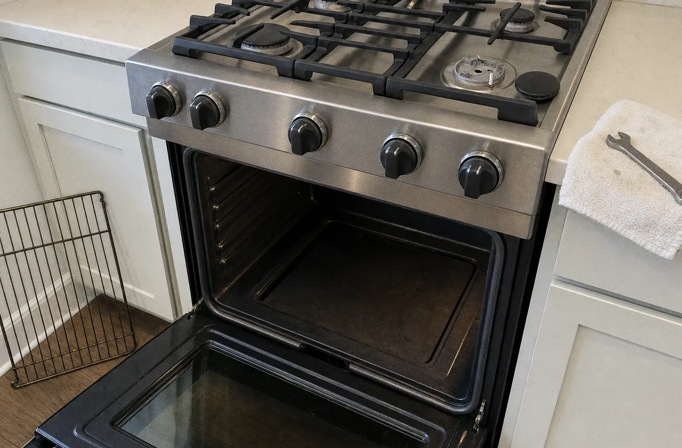 An oven door open on an empty cavity with the bake element running across its floor, a wire rack leaning at the left
